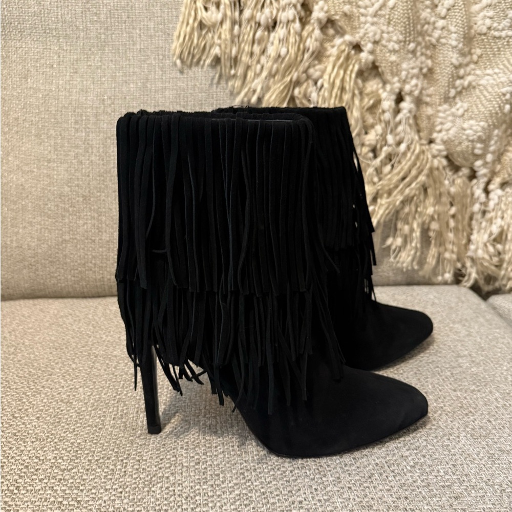 Zara Black Fringe Suede Ankle Boots with Pointed Toe - Picture 4 of 9